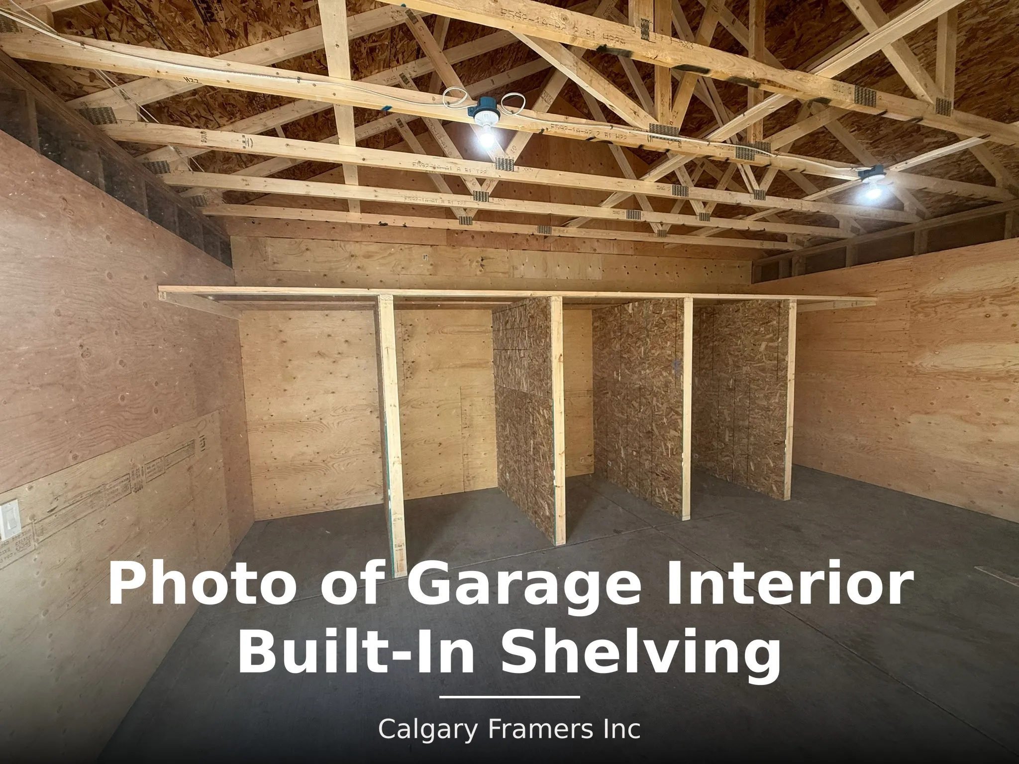 Finished garage interior with plywood walls and built-in shelving