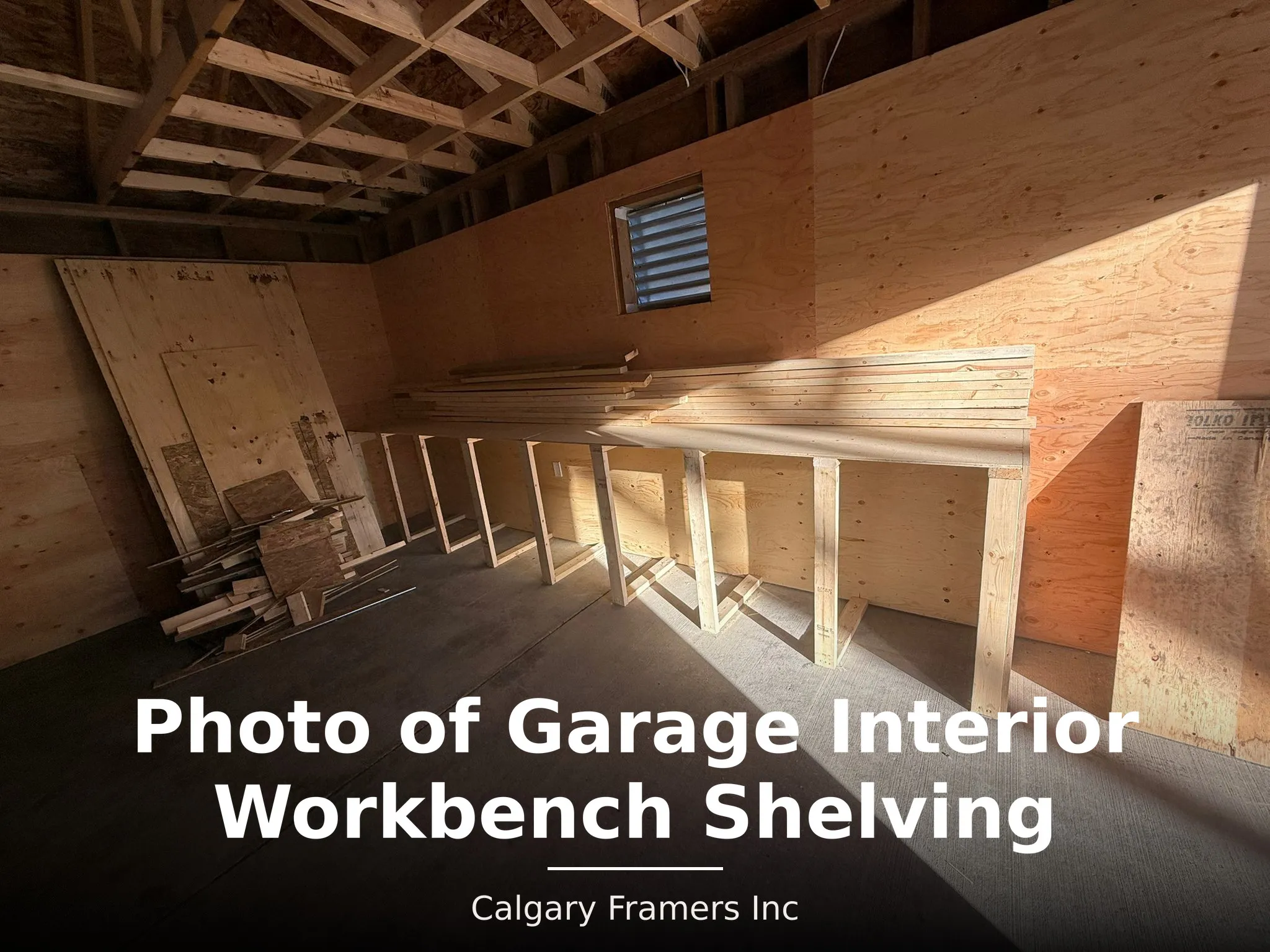 Garage interior with a built-in workbench and shelving along the wall