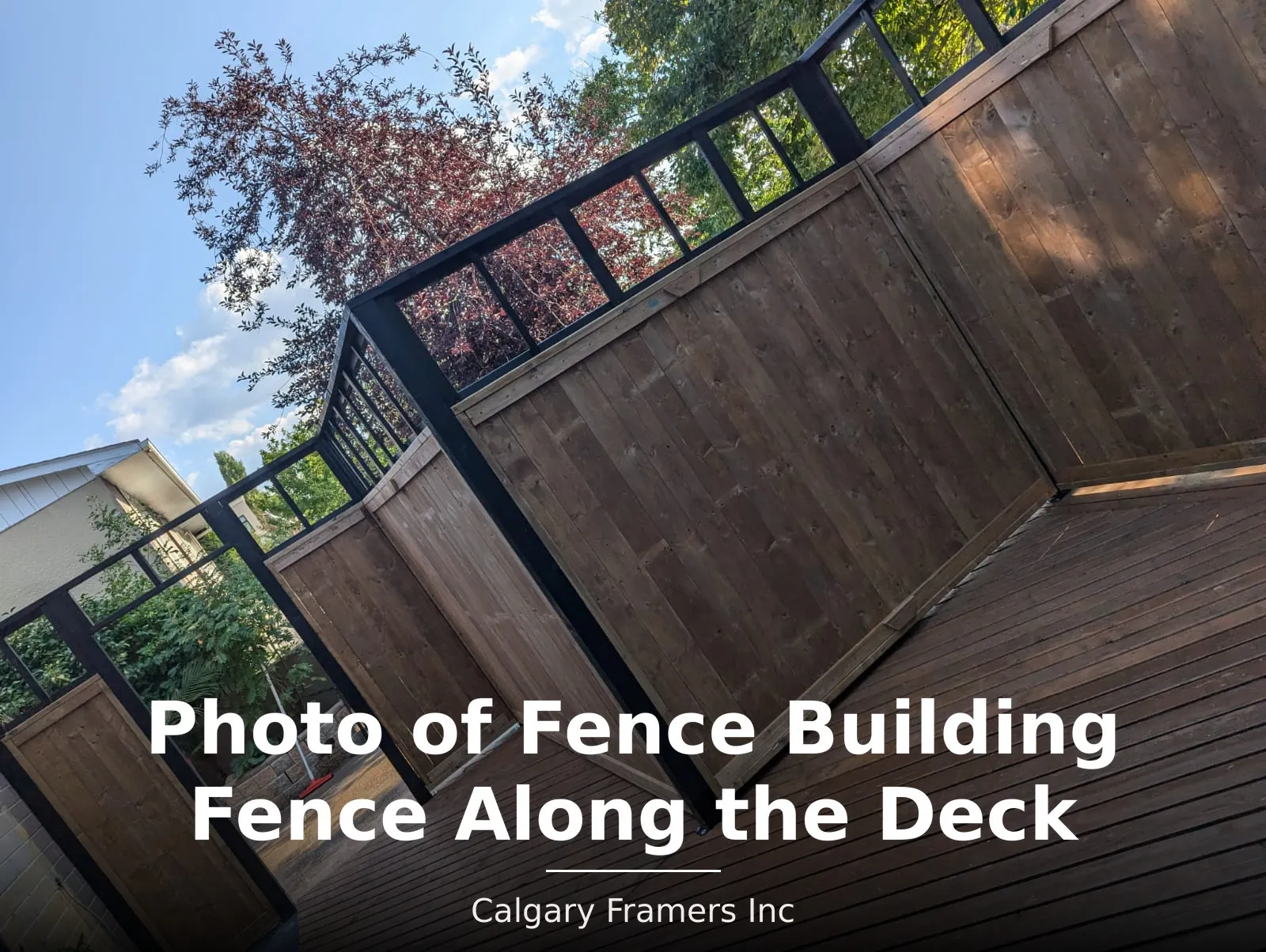 Cedar privacy fence in a steel frame running along the edge of a deck