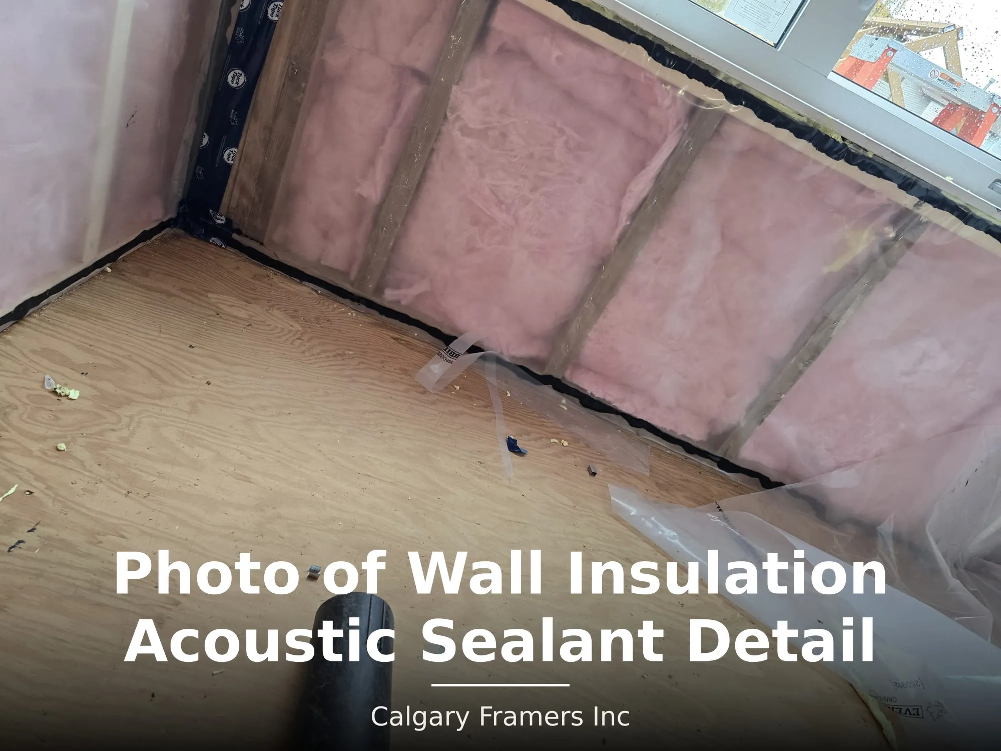 Acoustic sealant beaded along the bottom plate, corner and window opening before the vapour barrier goes over batt insulation